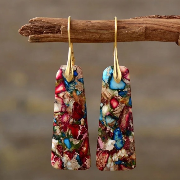 Sundance Jewelry - Sea Jasper & 18k Gold Vermiel Handcrafted Earrings 2.5”